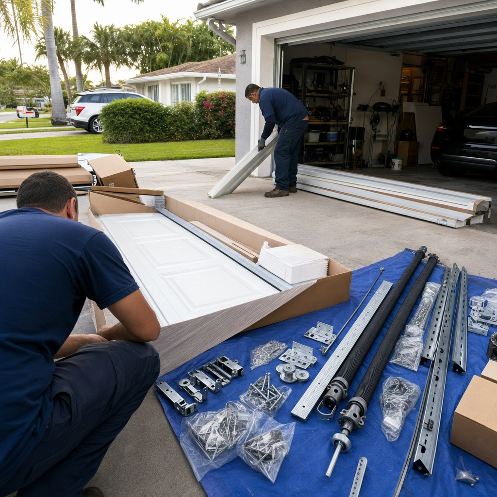 Garage door installation with two men and scattered parts