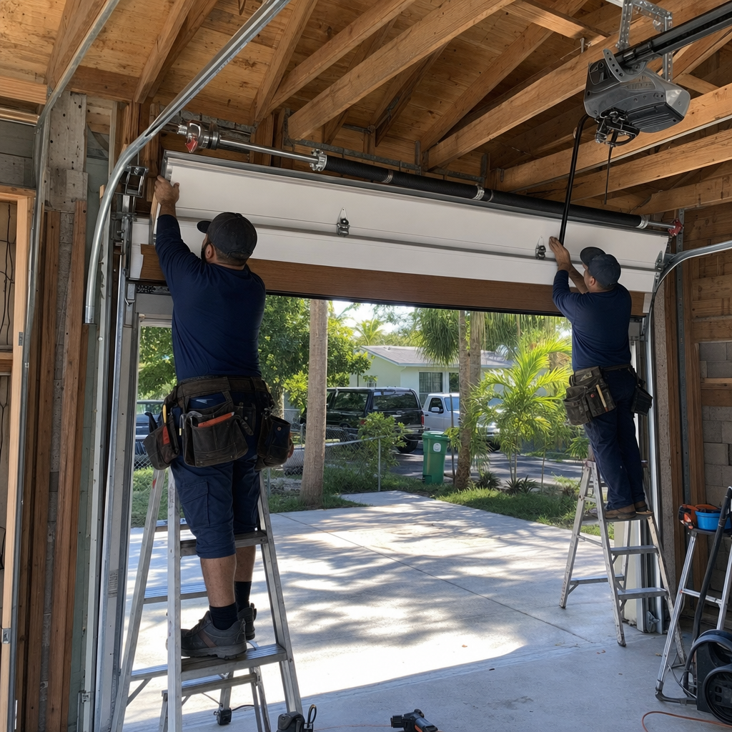 Technicians installing a new garage door