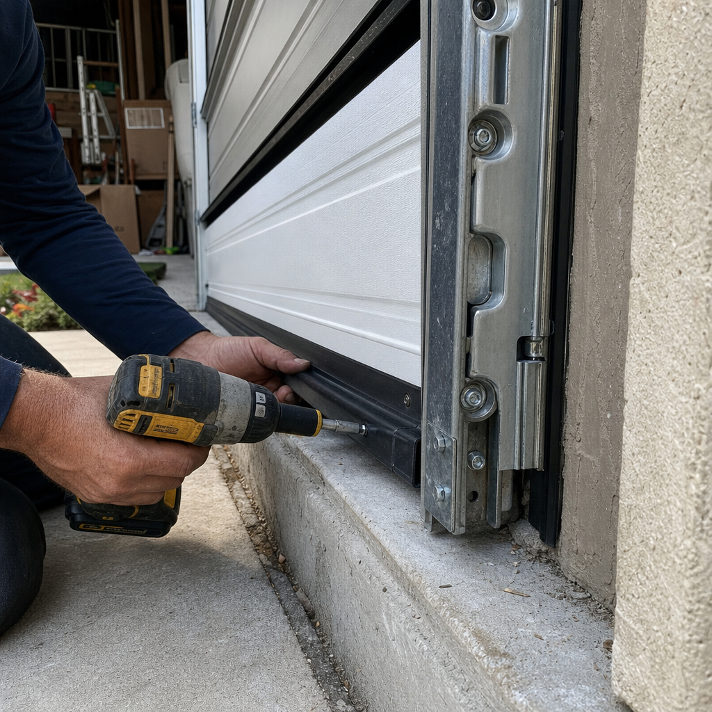 Garage door installation, technician installing bottom seal with drill