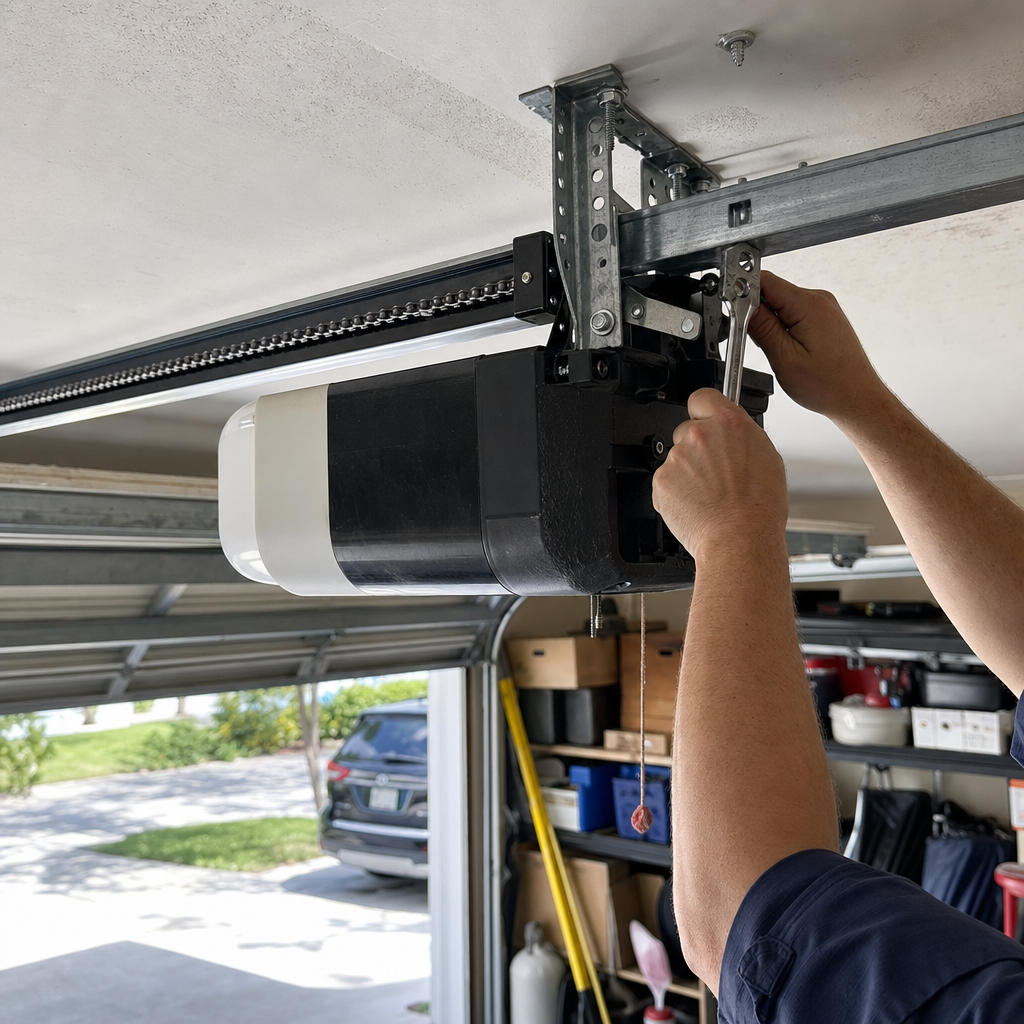 Professional installing and adjusting a garage door opener
