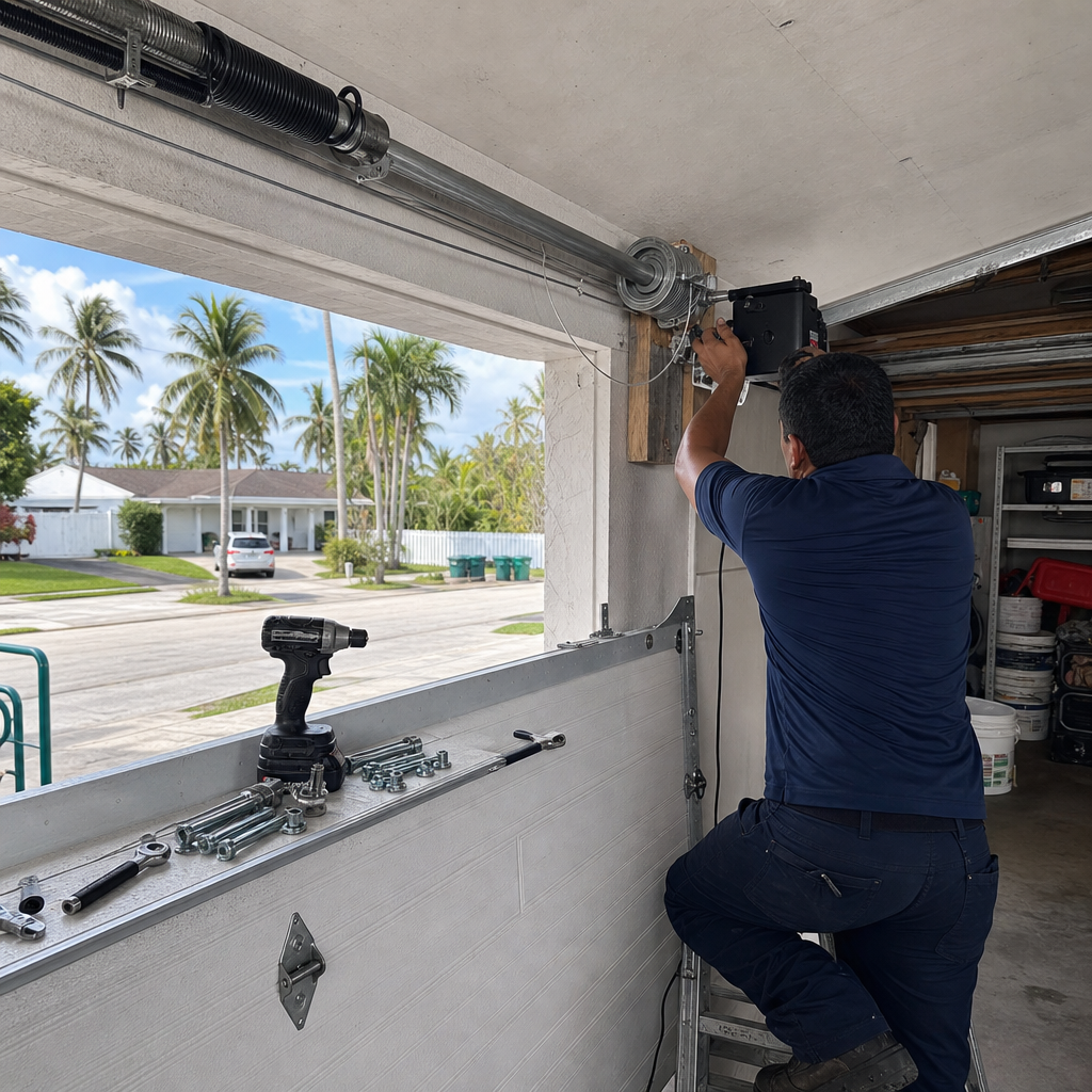 Garage door opener installation service by technician on ladder