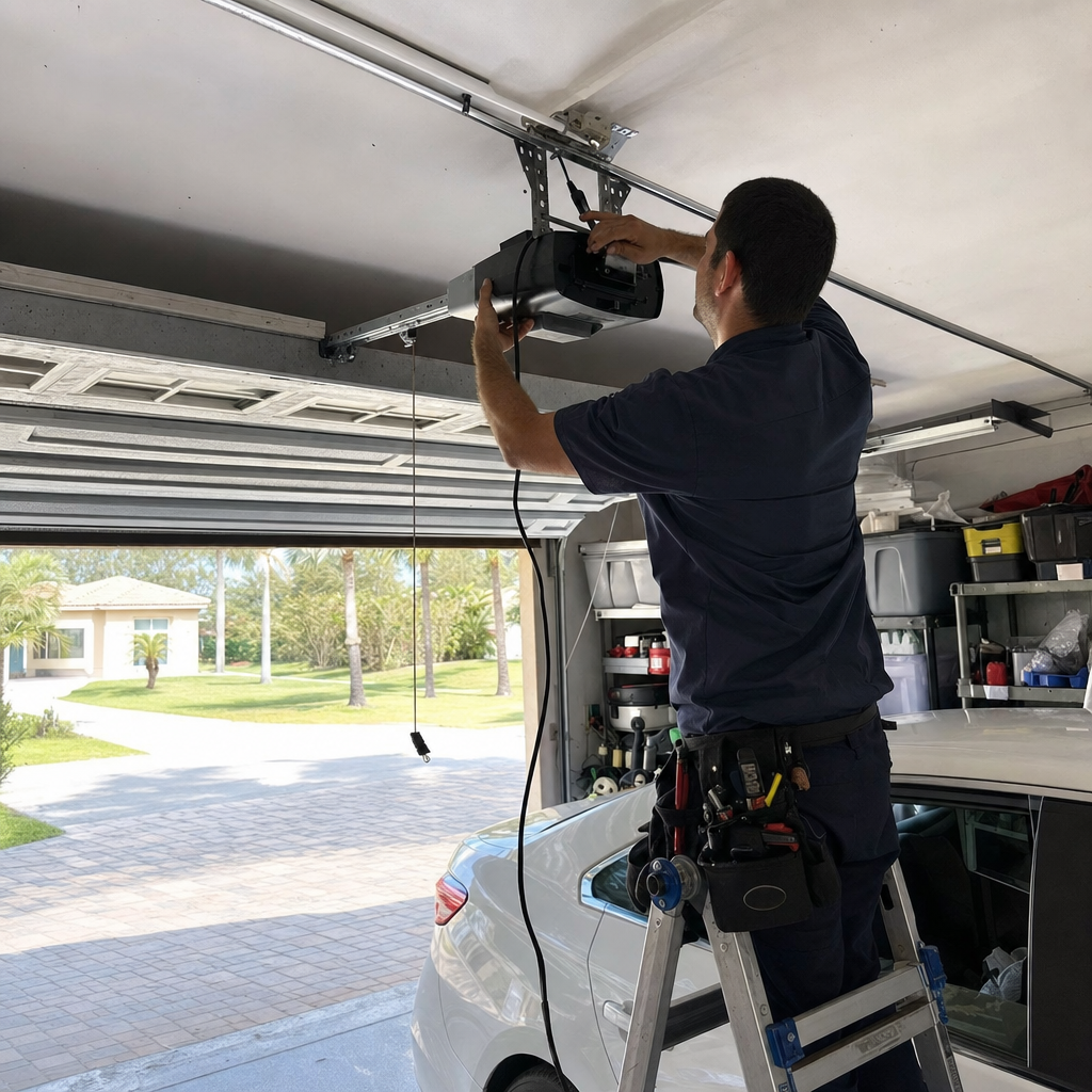 Technician installing garage door opener on ladder