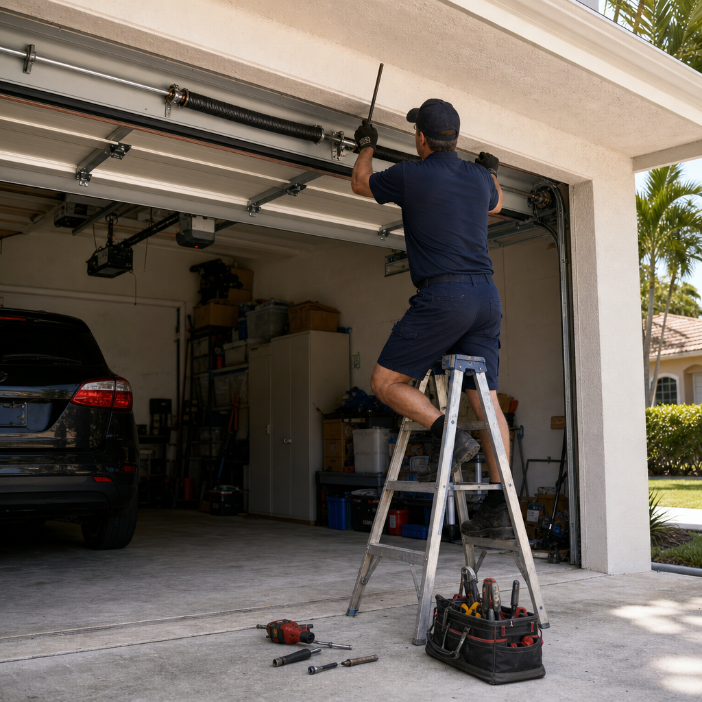 Garage door technician repairs a spring while on a ladder.