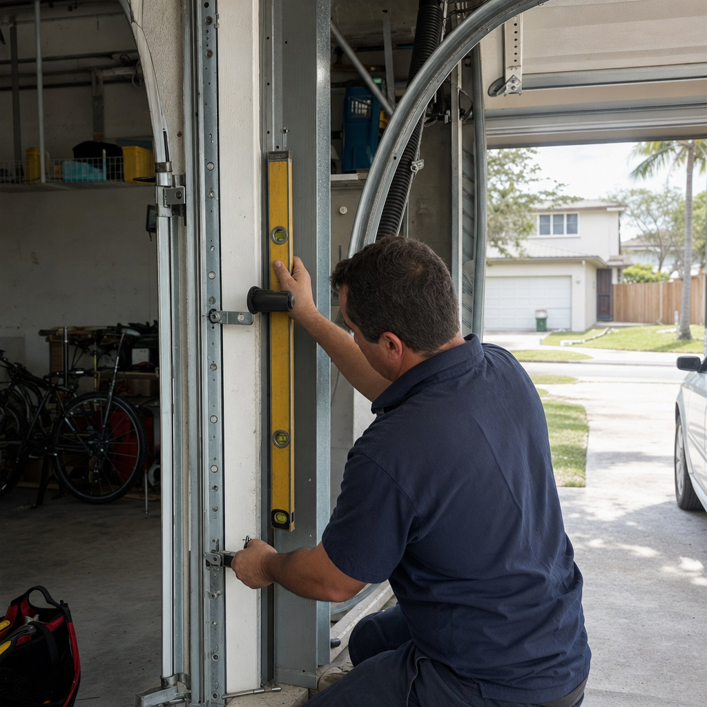 Garage door repair technician installing an alignment level on a door track.