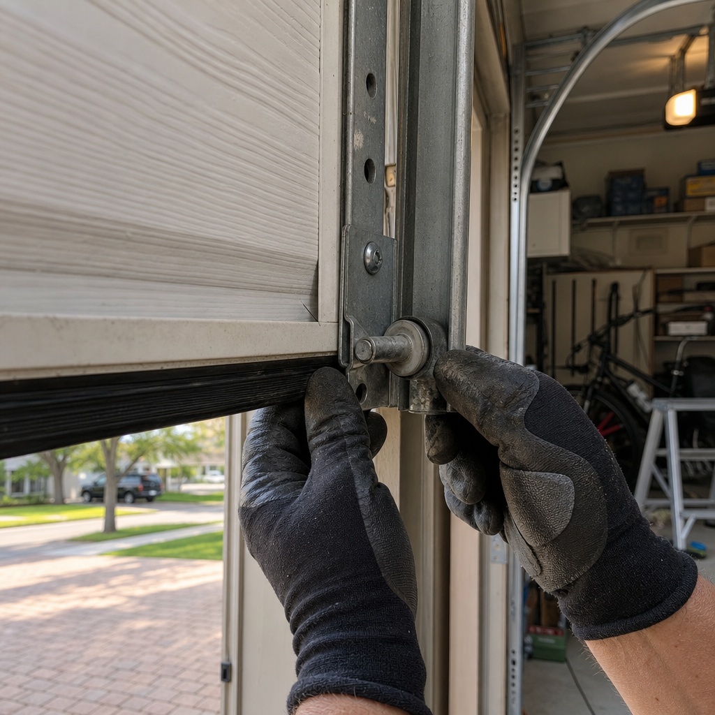Professional tightens roller on garage door track for emergency repair in Fort Lauderdale, FL