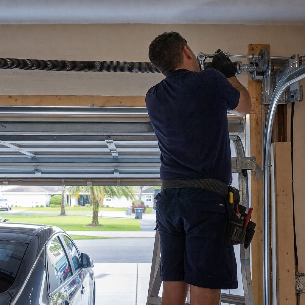 Emergency garage door repair technician working on a spring in Oakland Park, FL