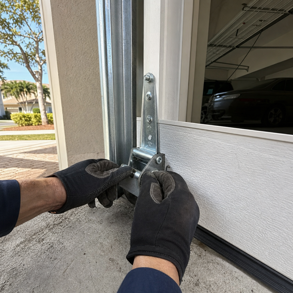 Technician performs emergency garage door repair on a hinge in Oakland Park, FL