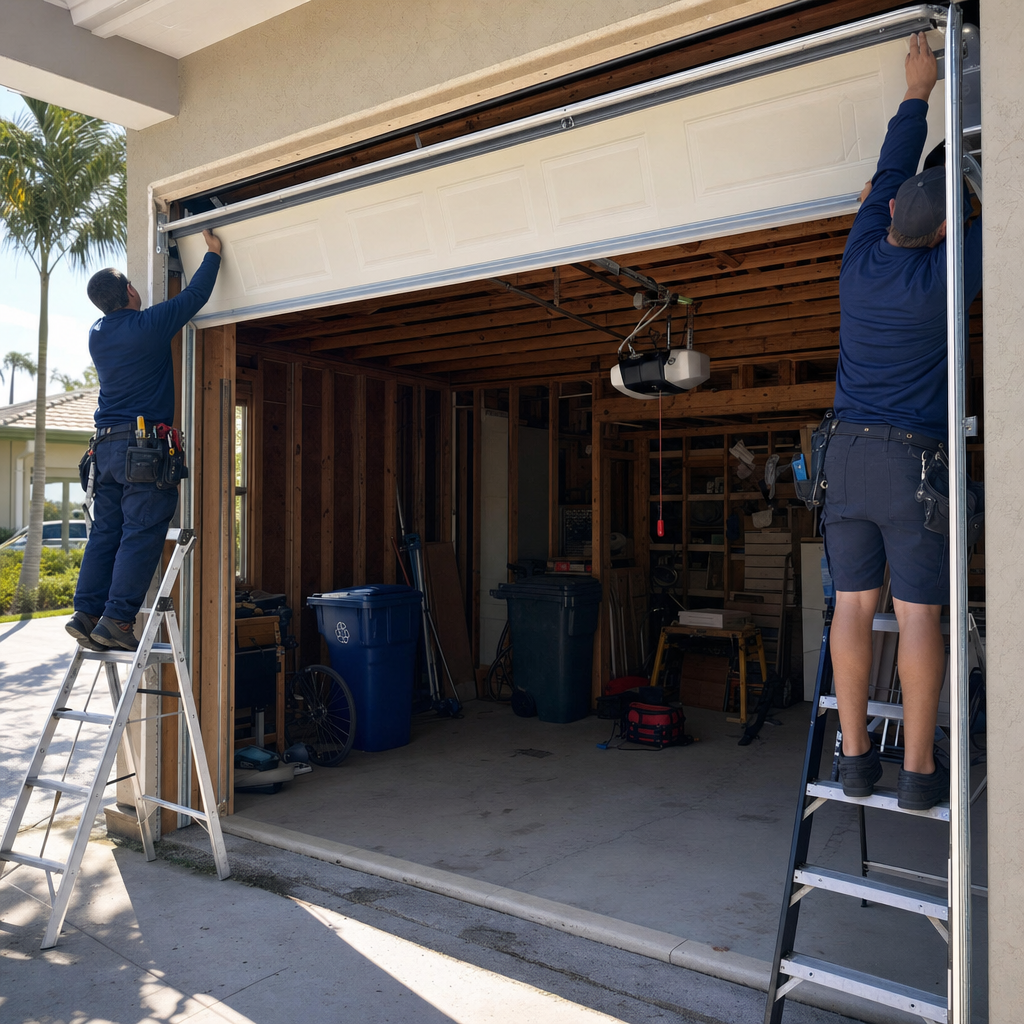 Technicians installing garage door on ladders