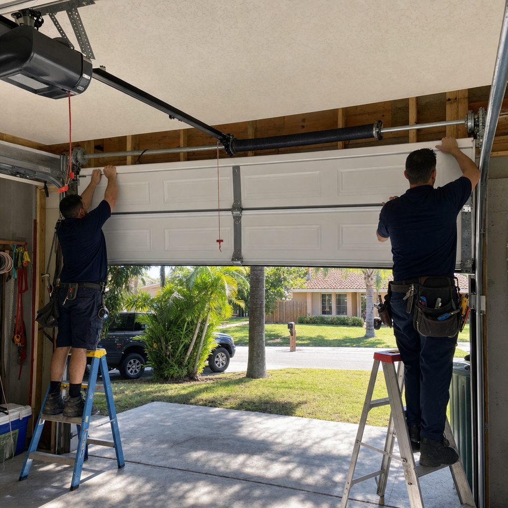 Garage door installation professionals working on a white garage door in Oakland Park, FL