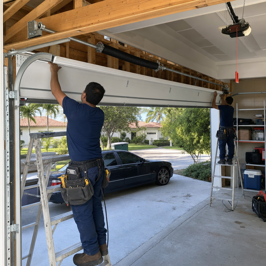 Garage door installation with two technicians working