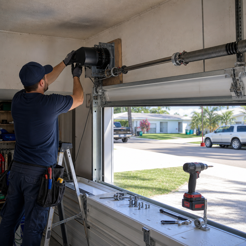 Technician installing a garage door opener motor and spring