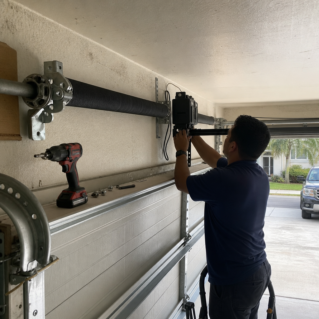 Technician installs garage door opener in Oakland Park, FL