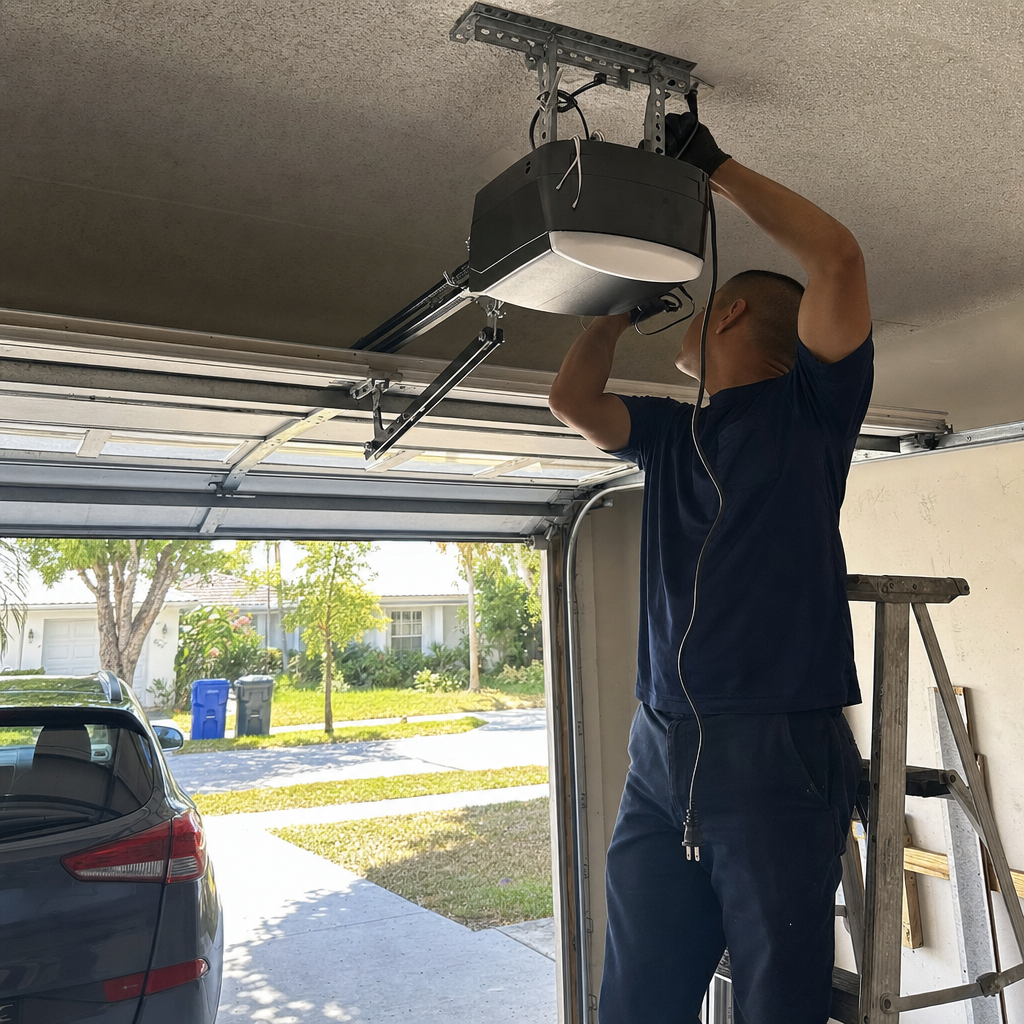 Technician installing garage door opener