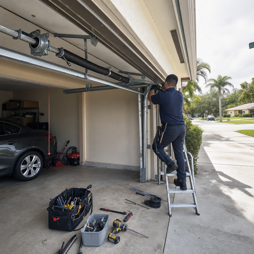 Garage door technician installing garage door parts in Oakland Park, FL
