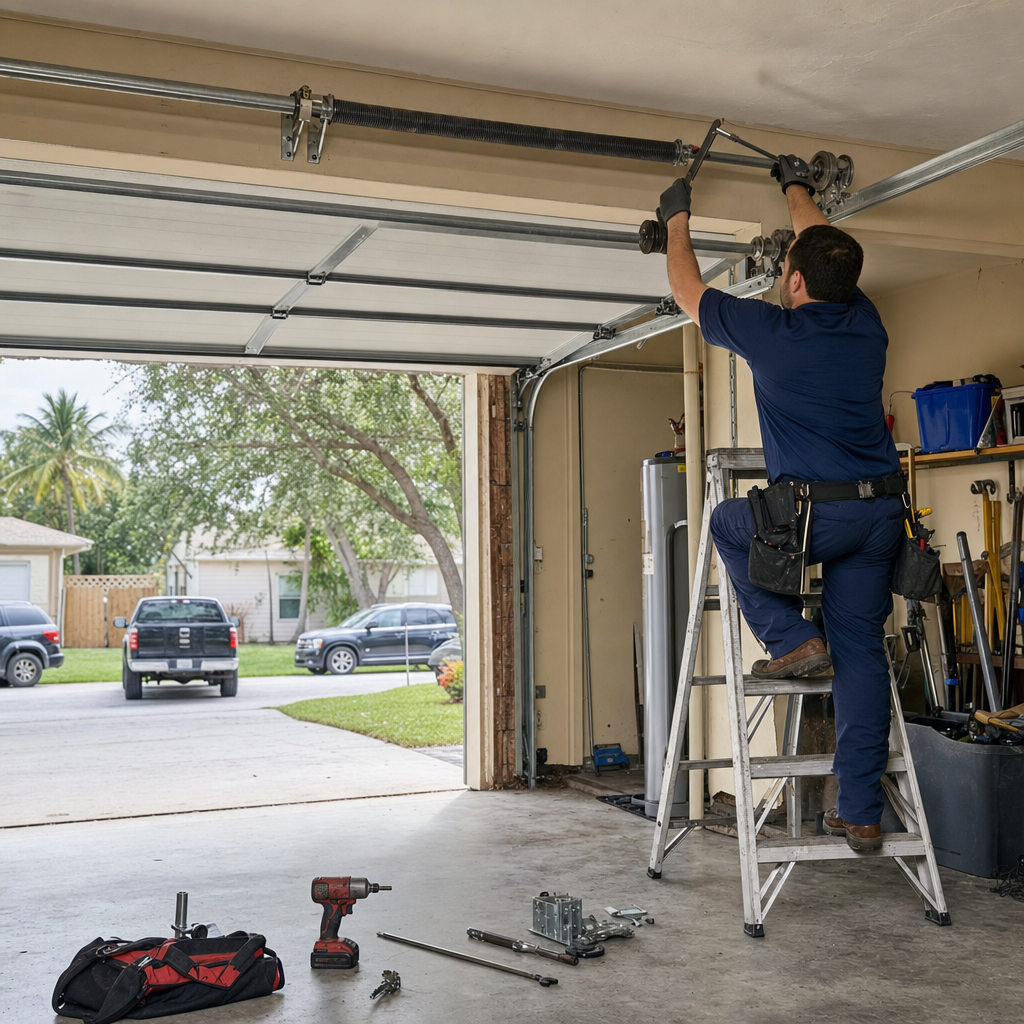 Technician working on garage door spring with tools and ladder in Oakland Park, FL