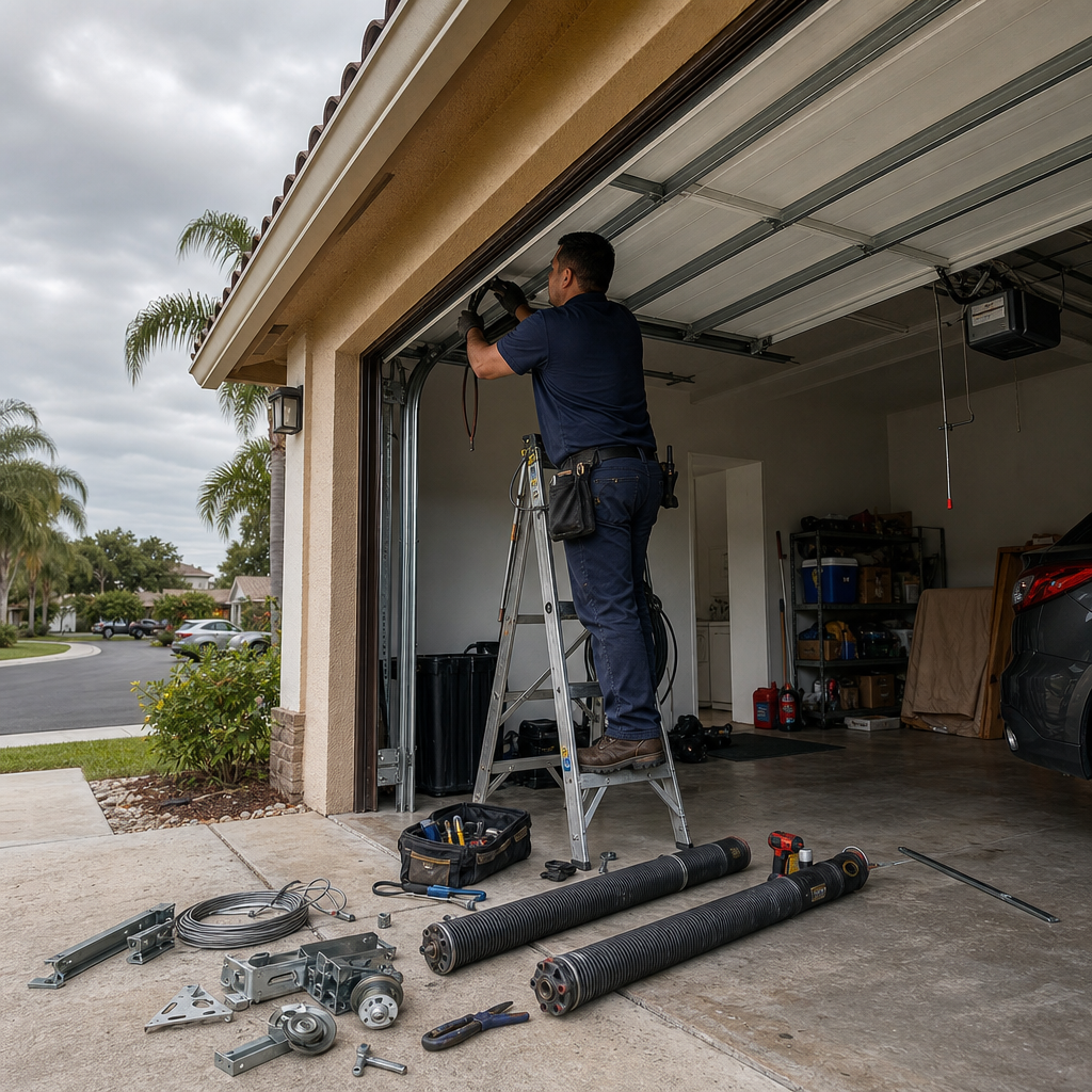 Garage door technician working on parts, garage door repair in Oakland Park, FL