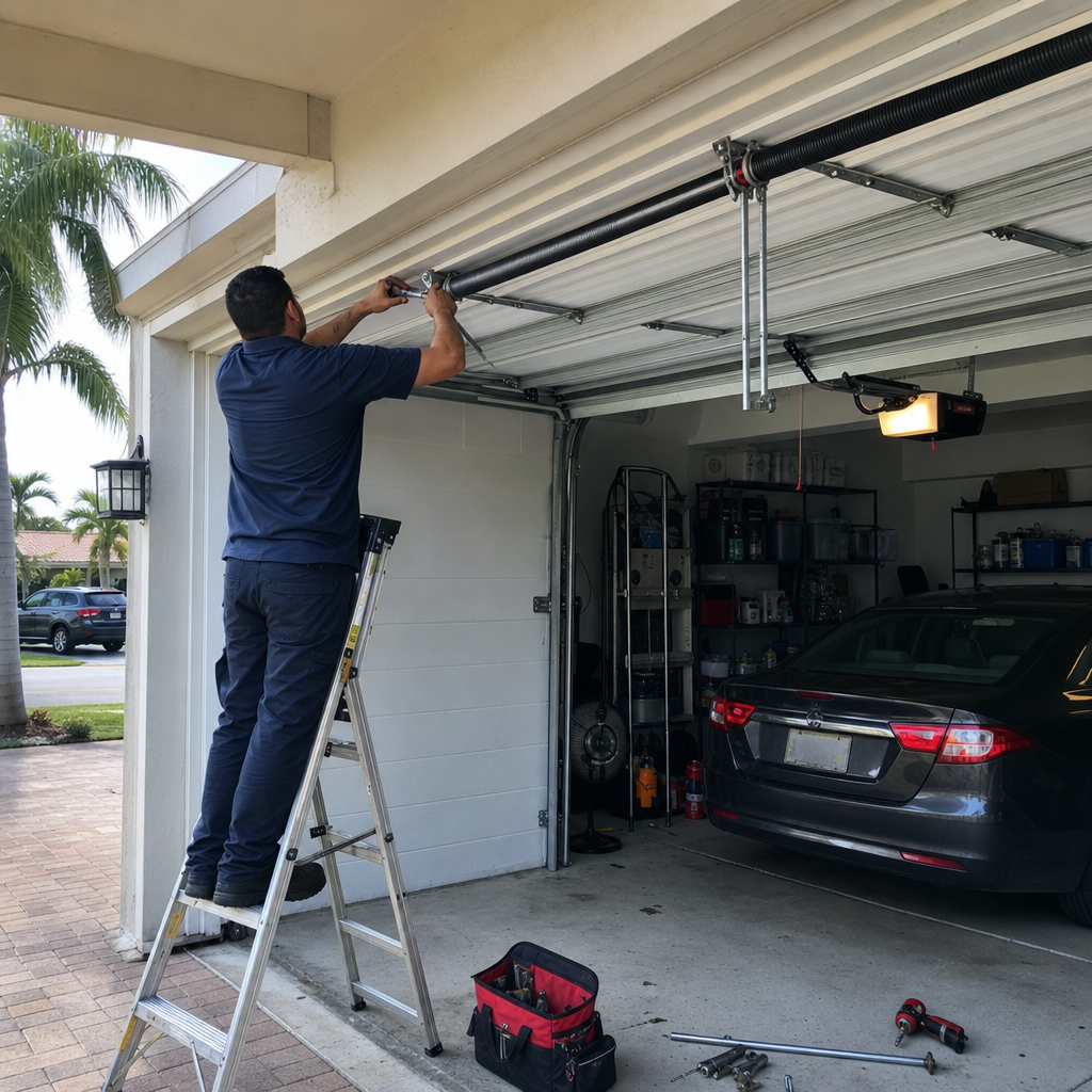 Technician repairing garage door spring on a ladder in Oakland Park, FL