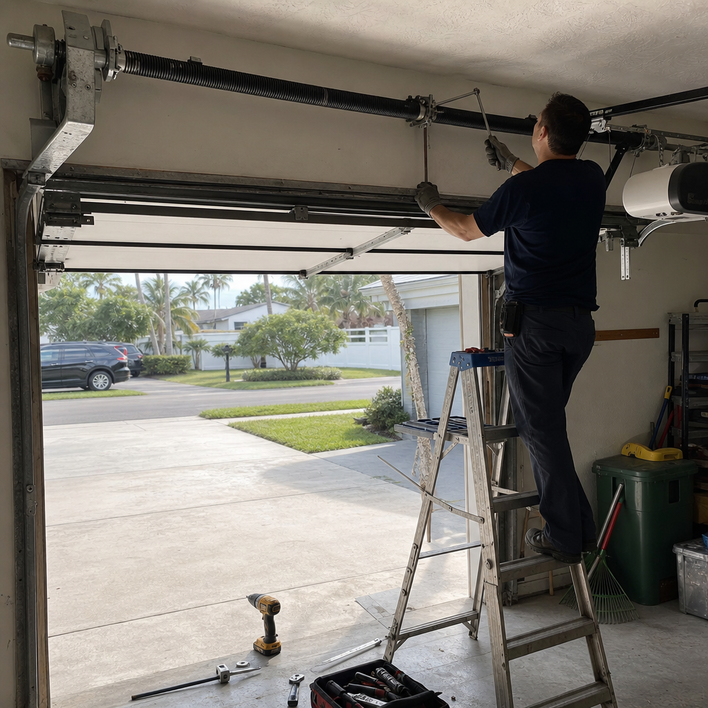 Garage door repair technician adjusting torsion spring on ladder