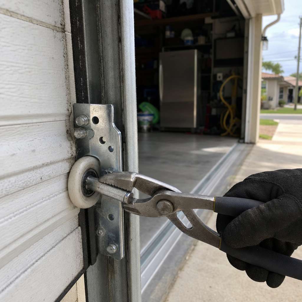 Garage door roller repair with pliers in Oakland Park, FL