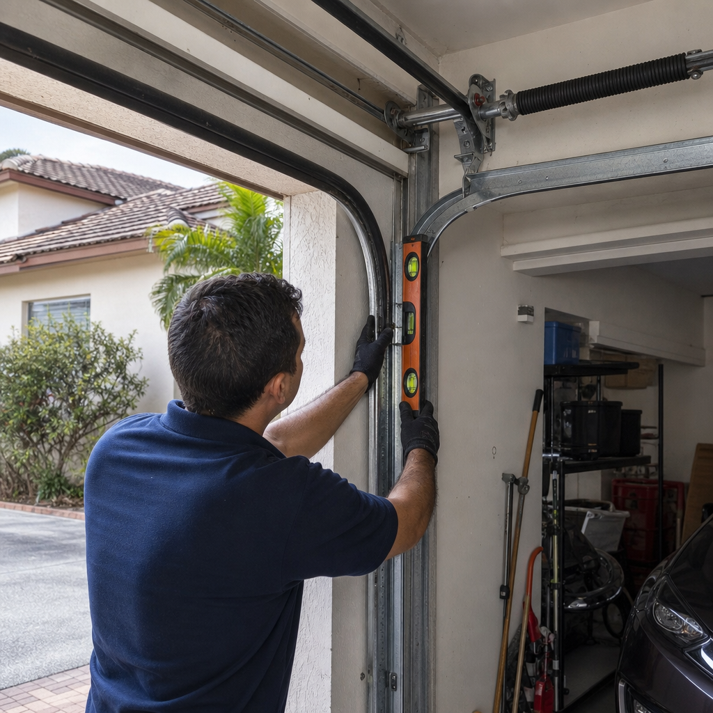 Man repairing garage door track with level
