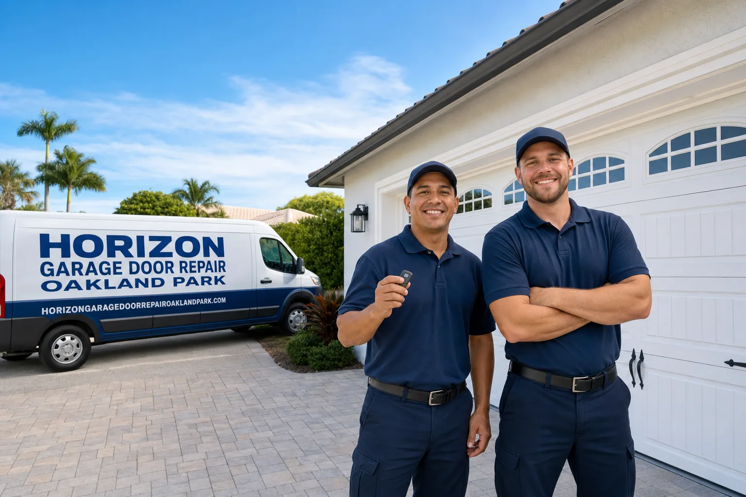 Horizon Garage Door Repair Oakland Park service vehicle and crew in Oakland Park, FL